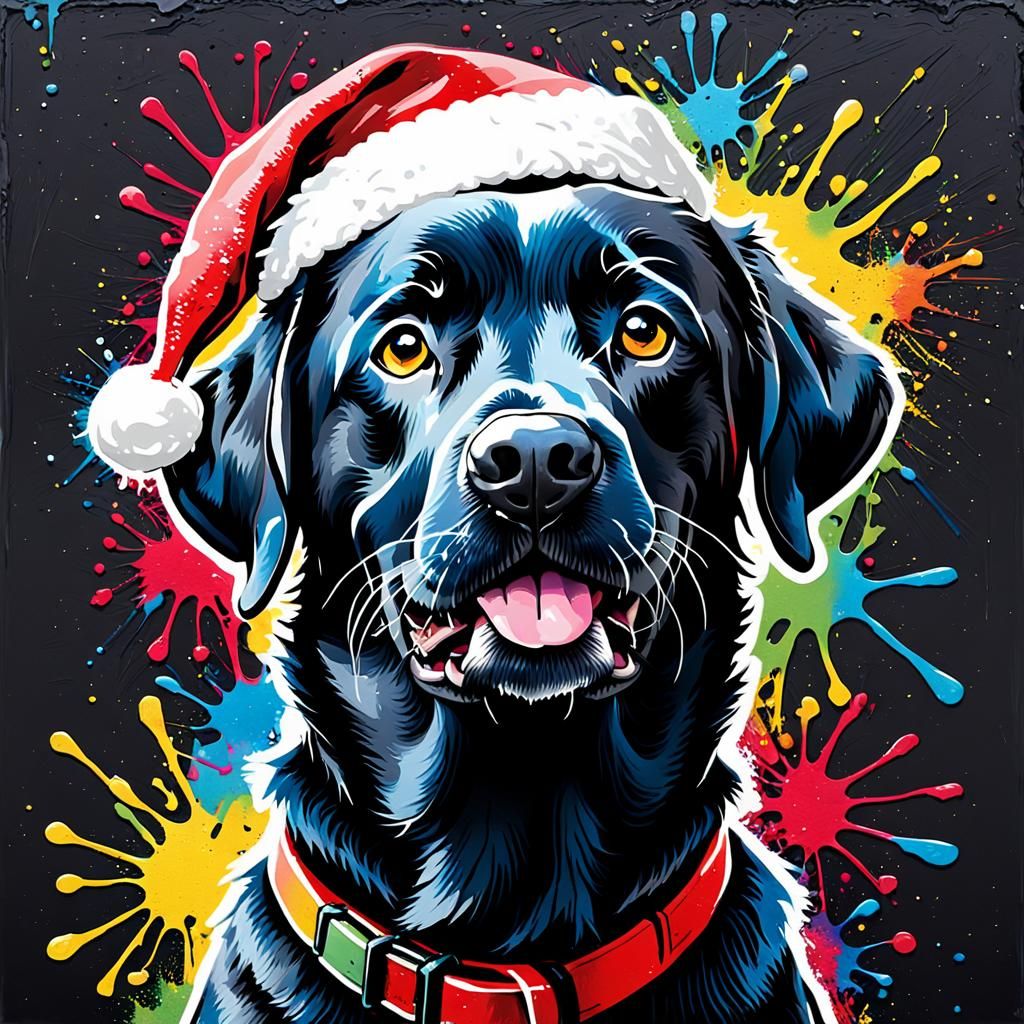 Festive Black Lab in Santa Hat: Urban Pop Art