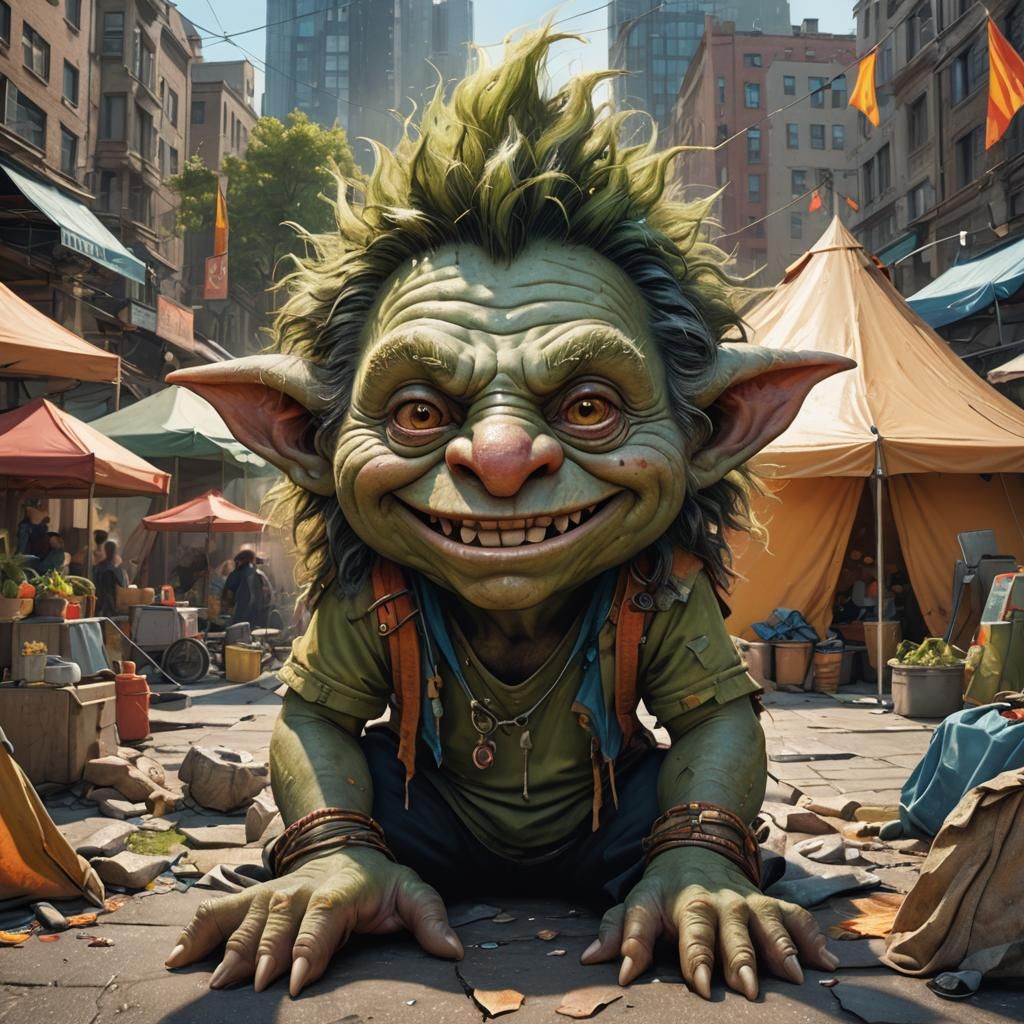 Friendly Troll Gremlin Living in City Tent