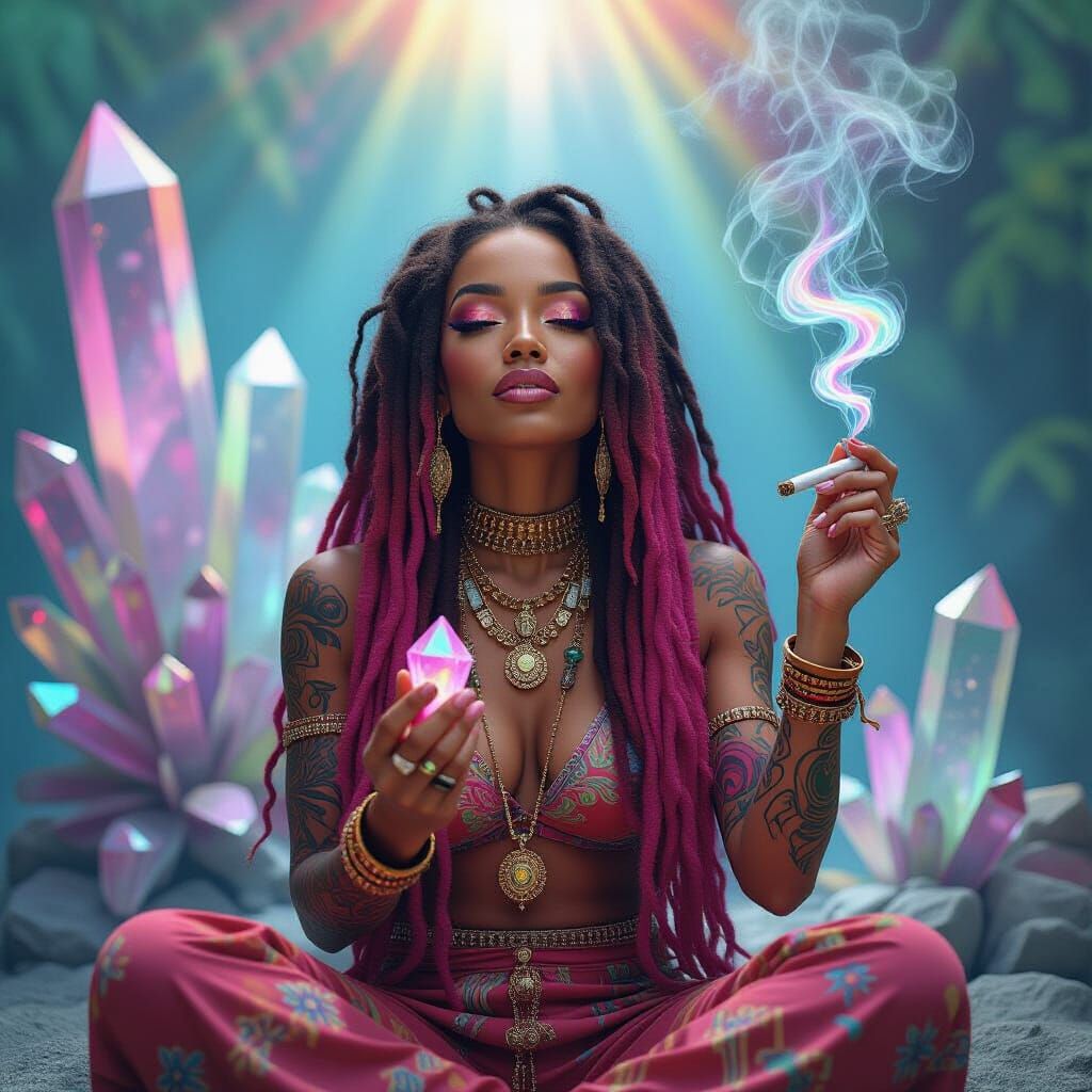 Psychedelic Crystal Dreamscape: Mystical Woman in Polychroma...