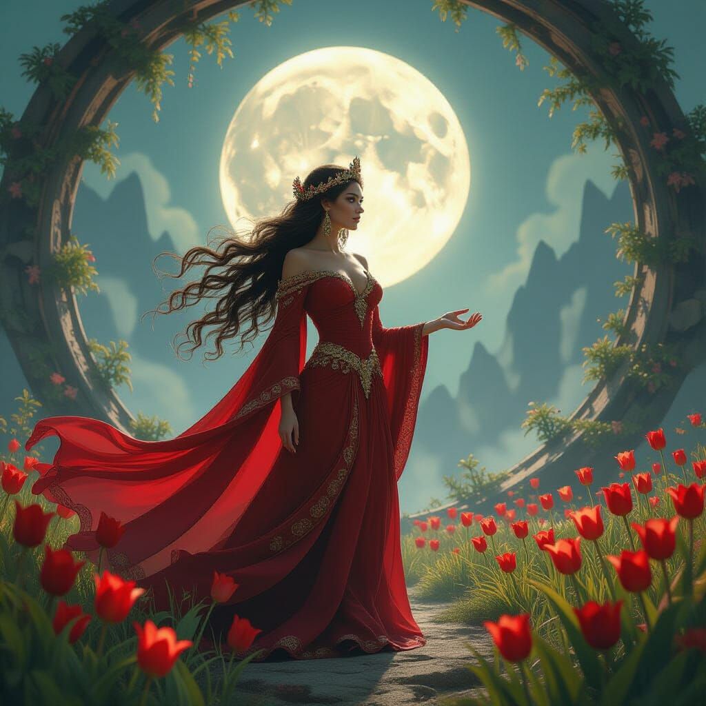 Flower Goddess with Mythical Creatures in Dreamlike Style