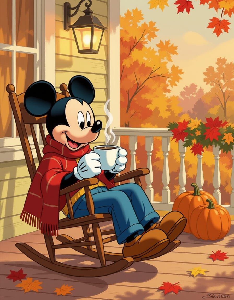 Mickey Mouse Enjoys Autumn Coffee on Decorated Veranda