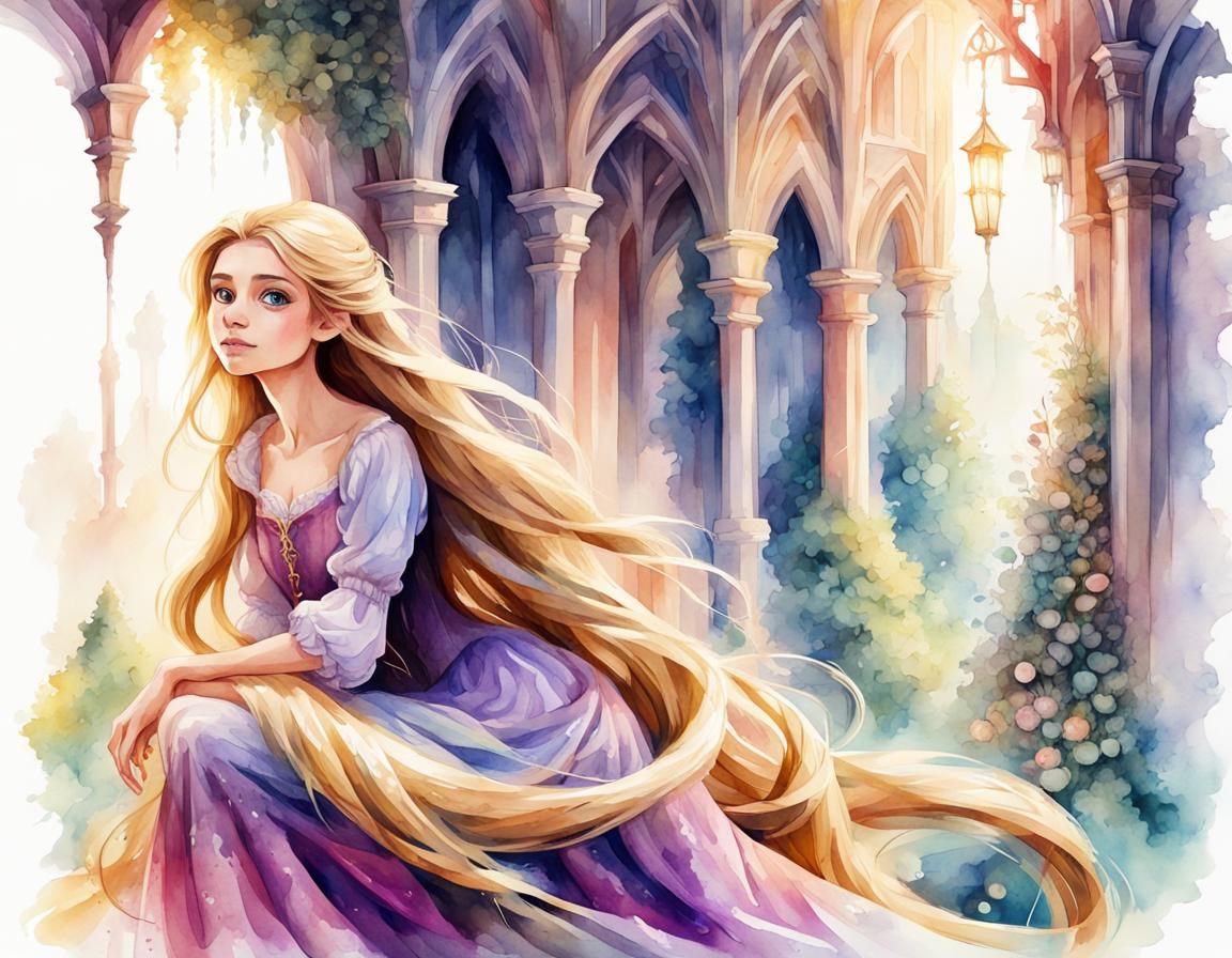 Rapunzel Fairytale in Digital Watercolor Art
