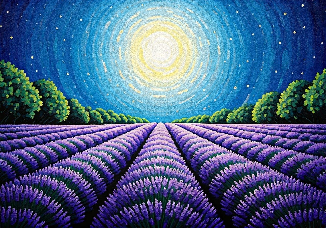 Lavender Fields at Night: A Pointillist Acrylic Painting