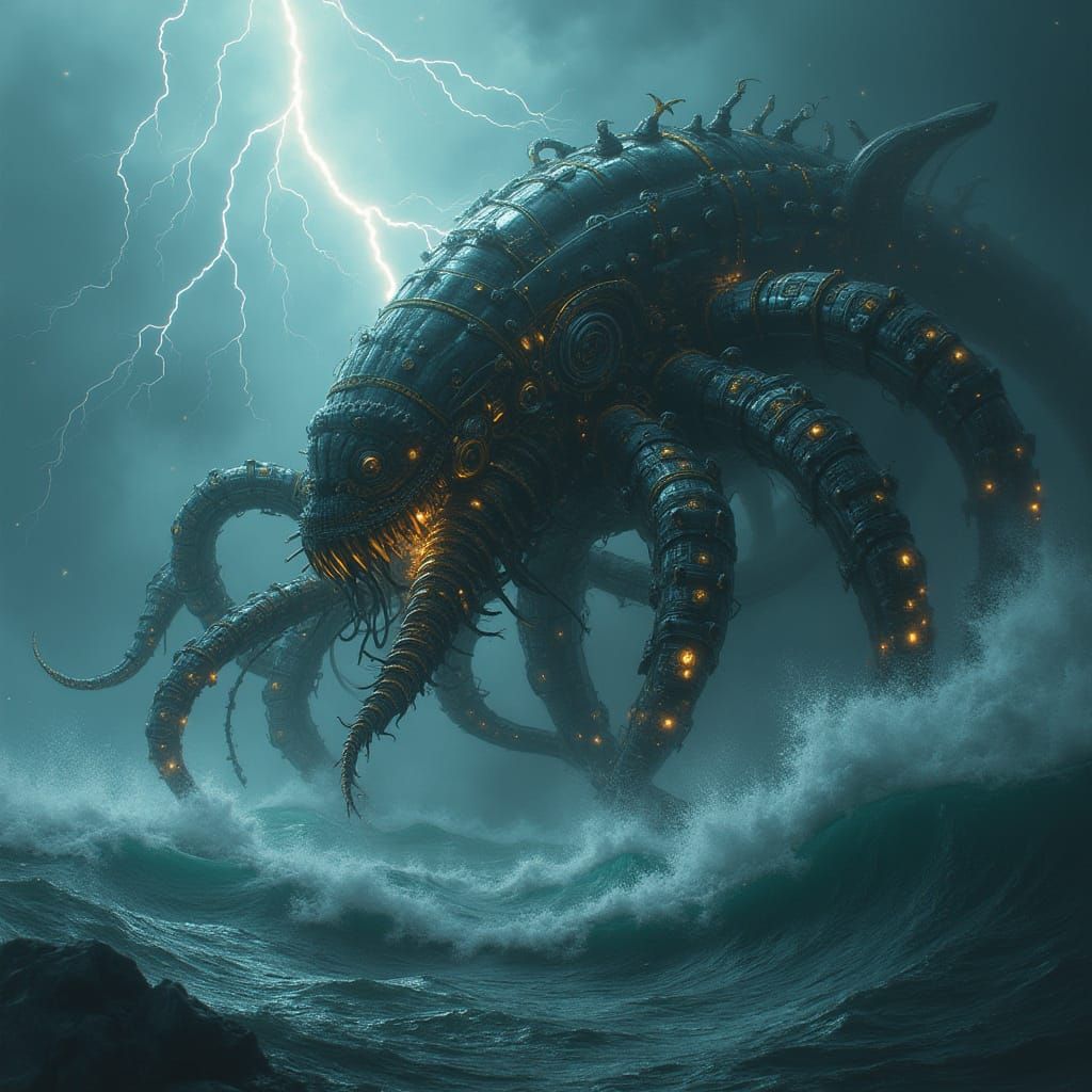 Mechanical Kraken Rises from Stormy Sea