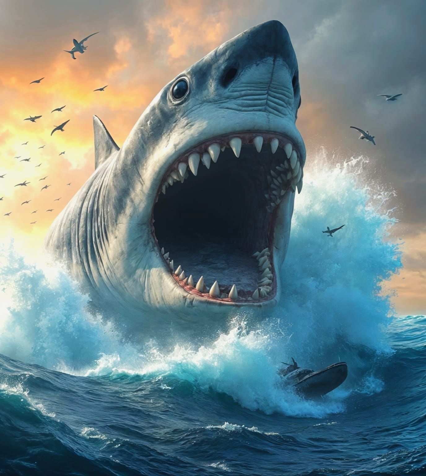 Colossal Megalodon Breaches Ocean, Dwarfing Naval Fleet