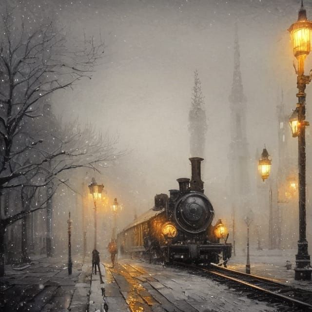 Steampunk Station in Snowy Impressionist Winter