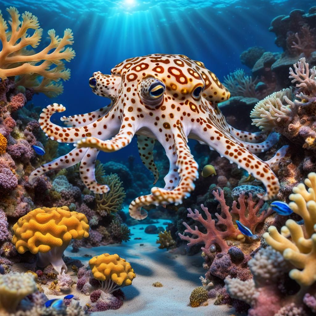 Photorealistic Coral Reef with Blue-Ringed Octopus