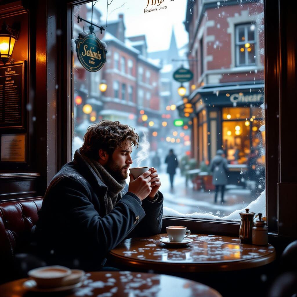 Man Drinks Hot Chocolate in Cozy Cafe