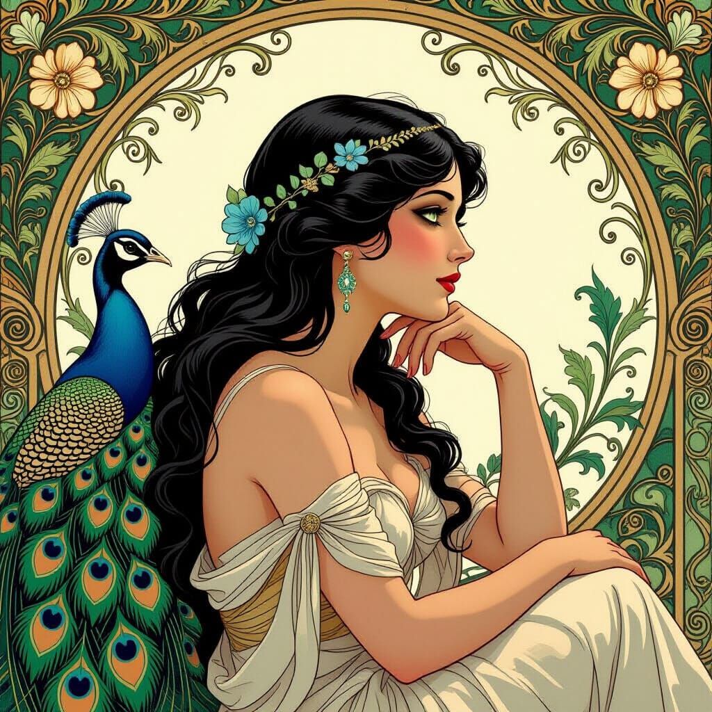 Art Nouveau Aphrodite Contemplating with Peacock
