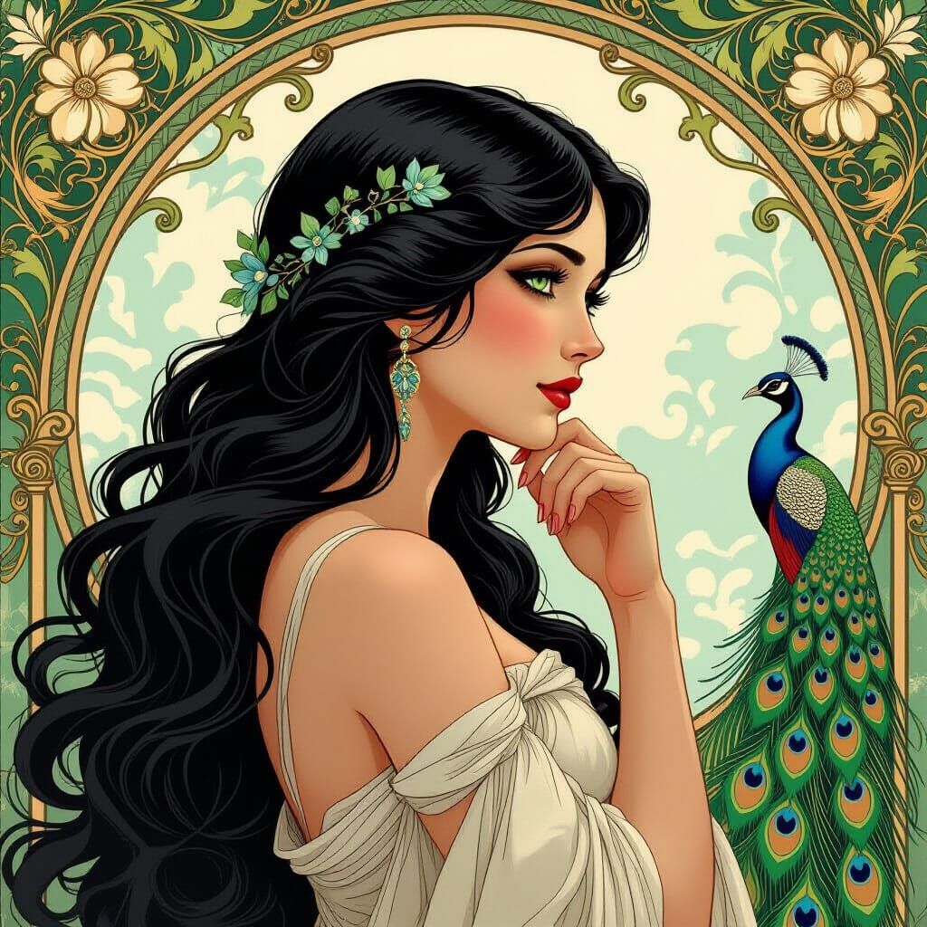 Aphrodite Contemplating a Peacock in Art Nouveau Style