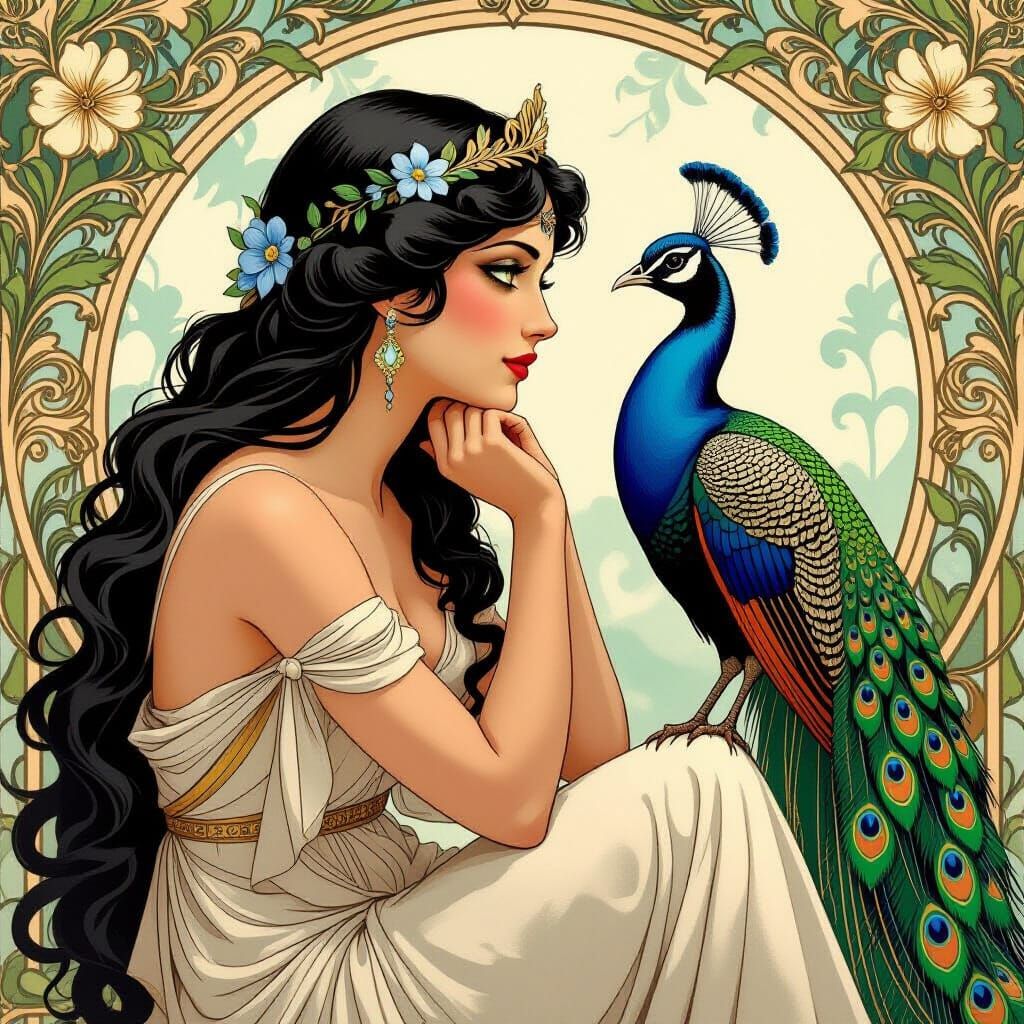 Art Nouveau Aphrodite Contemplating Peacock