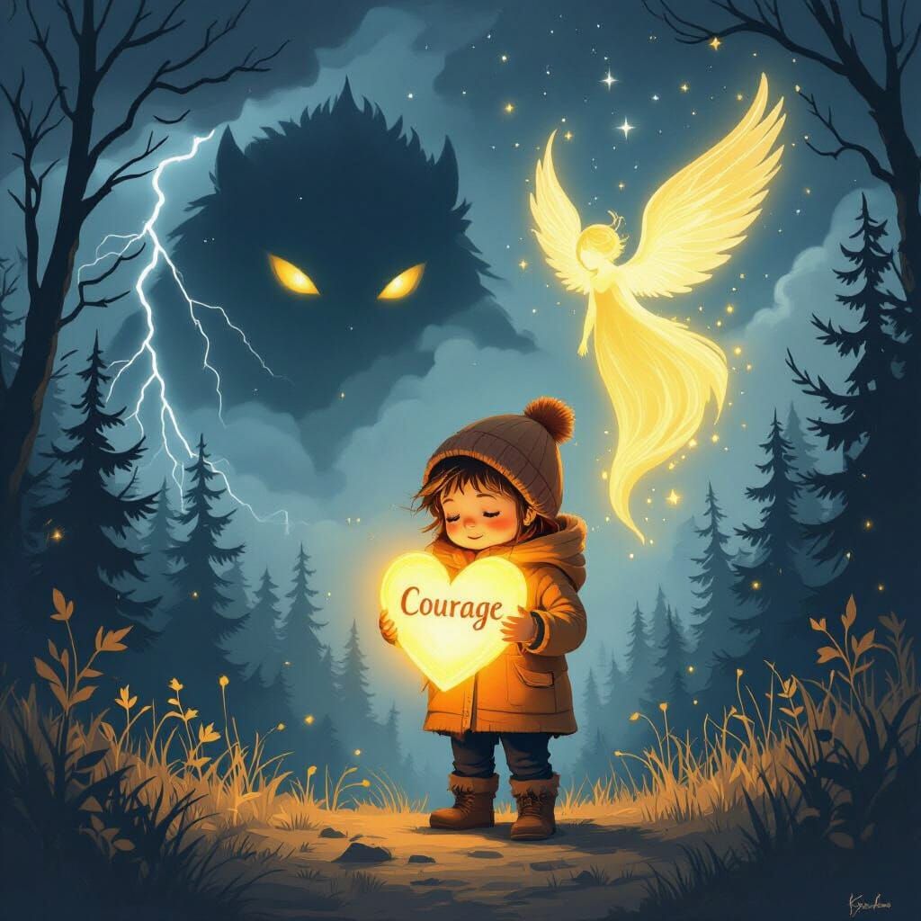 Child with Courage Lantern in Stormy Forest