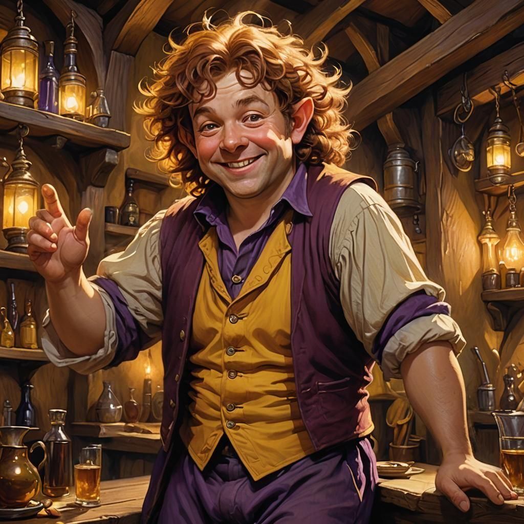 Jovial Halfling Tavern Owner Portrait in Detailed Fantasy Ar...