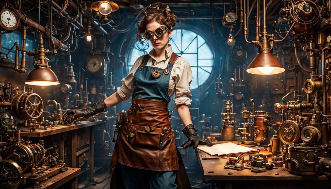 Steampunk Inventor in Brilliant Workshop