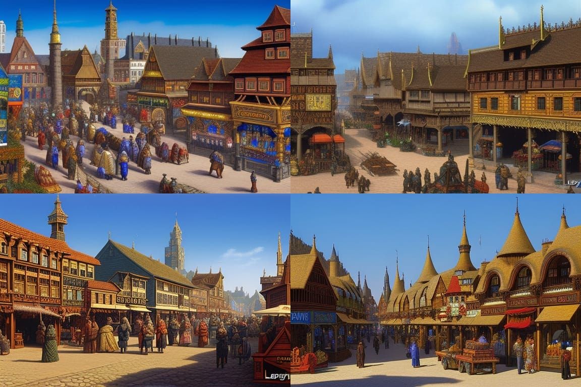 Lively Medieval Market Square in Fantasy Art Style