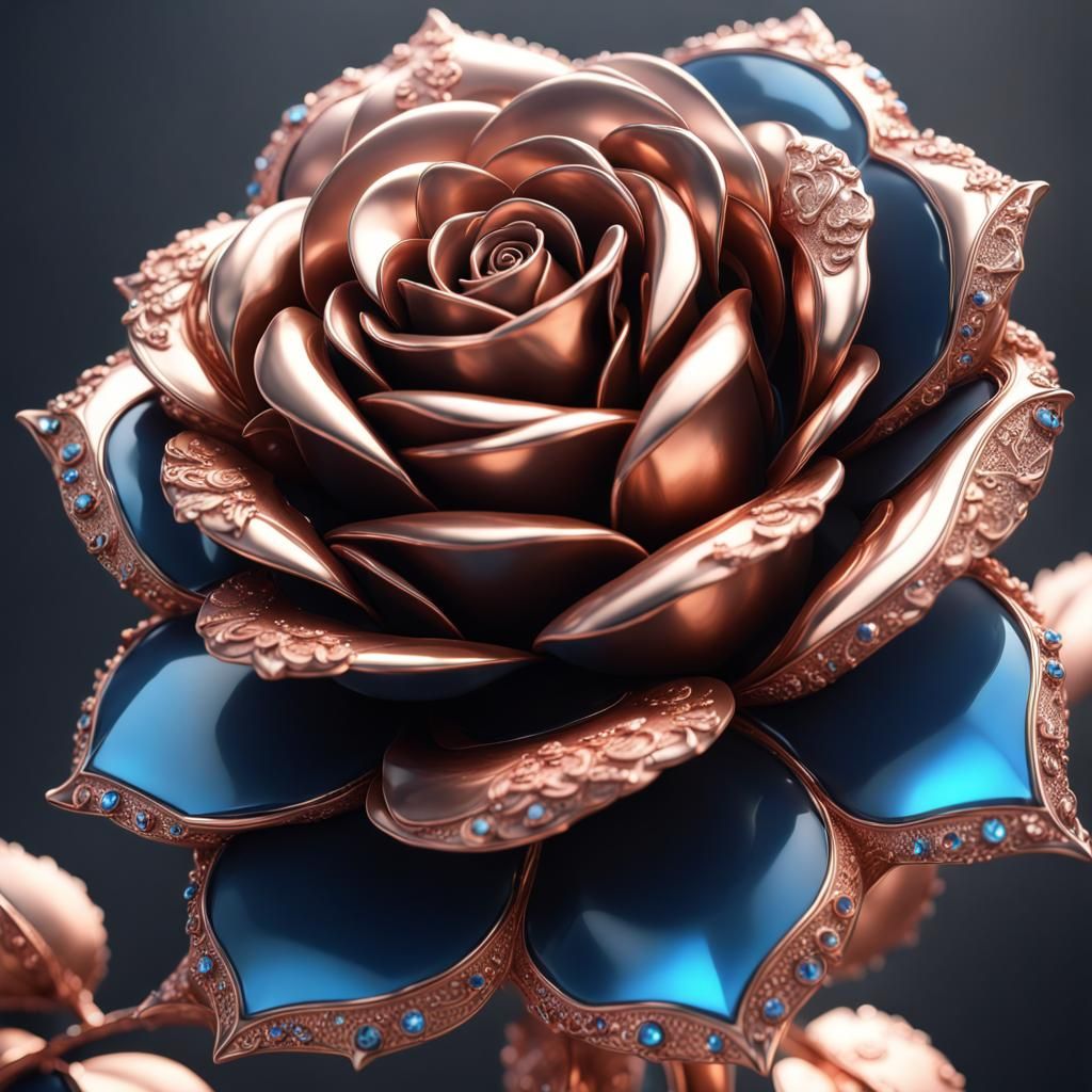Rose Gold Metal Rose with Blue Gems