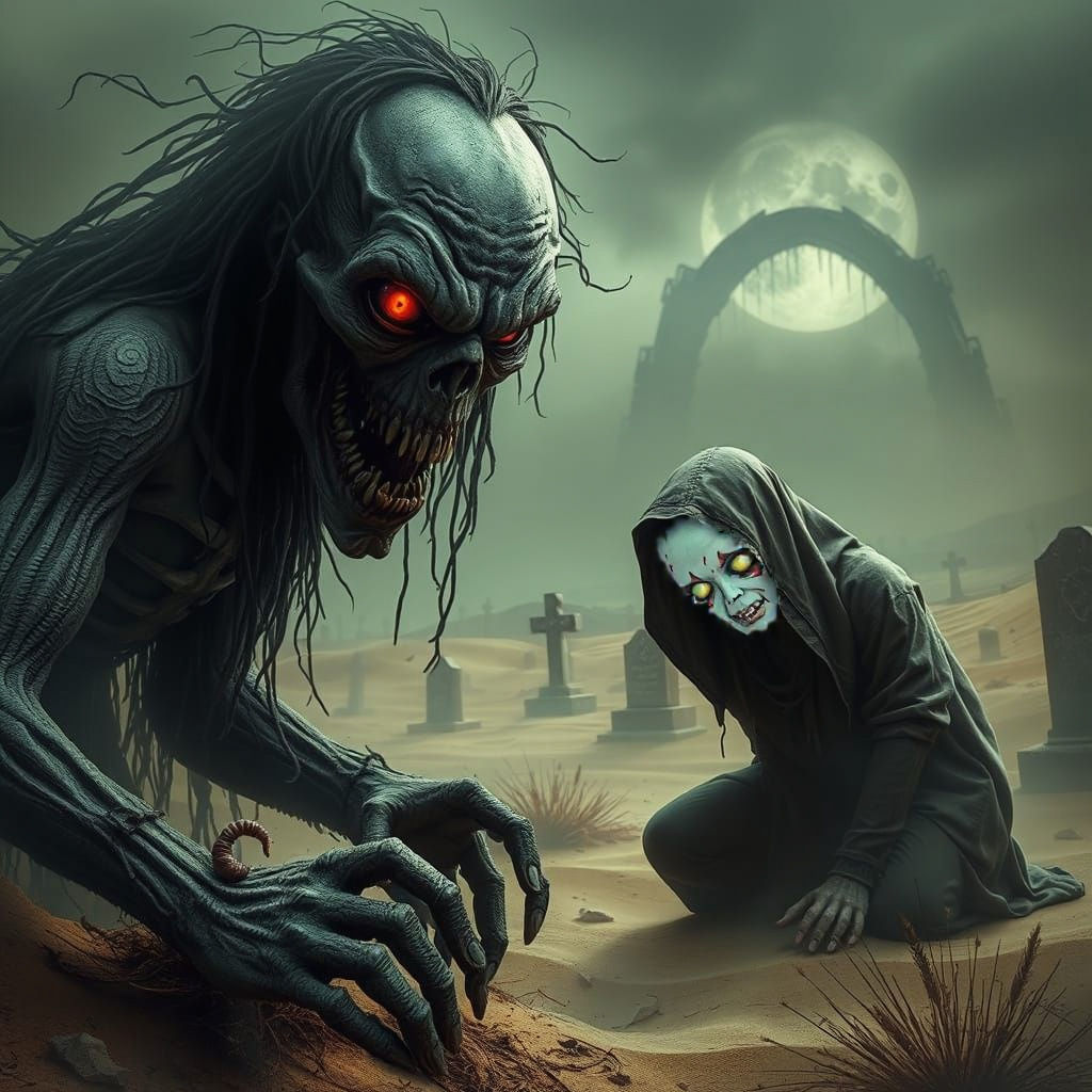 Gothic Ghoul Towers Over Terrified Victim in Desert Cemetery