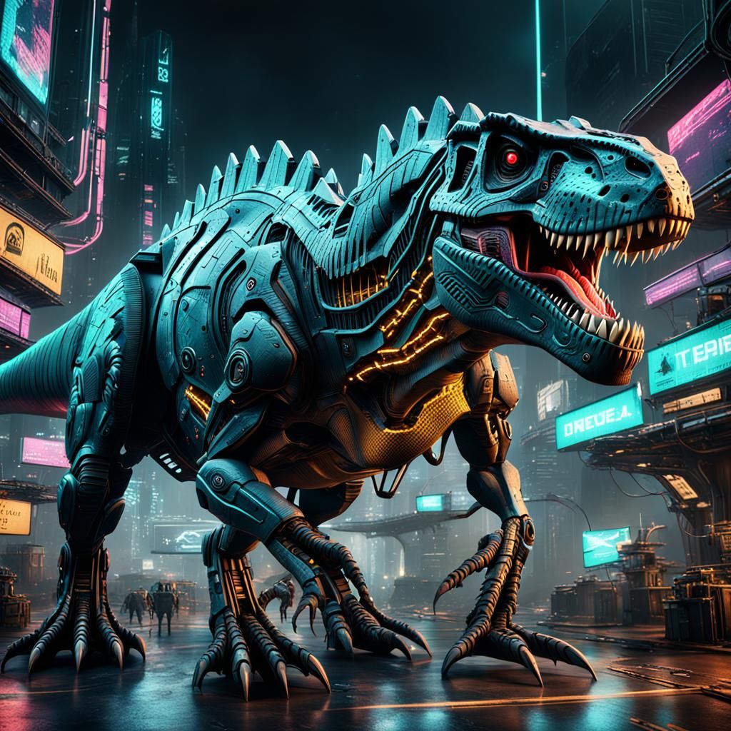 Cyberpunk T-Rex in a Futuristic Cityscape