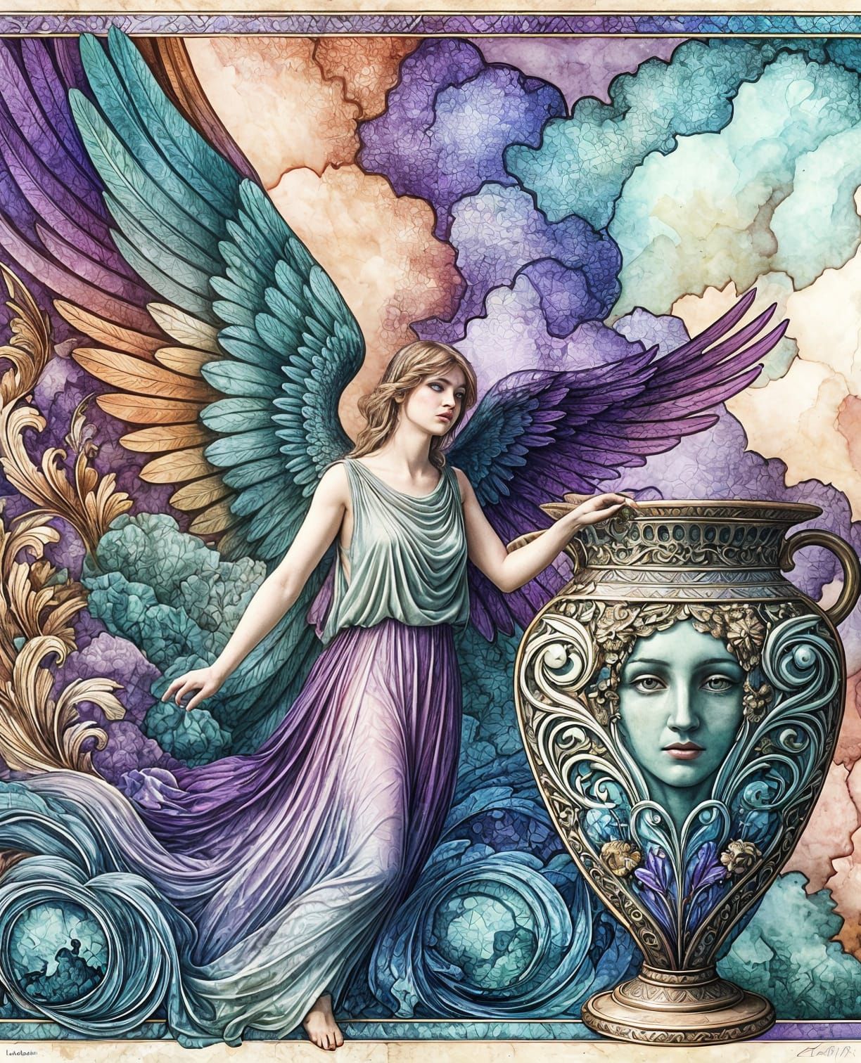 Art Nouveau Angel Contemplating Asymmetrical Amphora