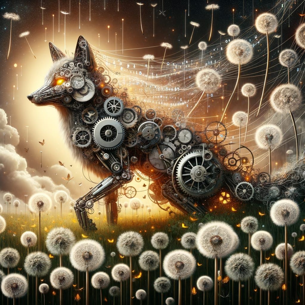 Mechanical Fox in Steampunk Digital Dandelion Field