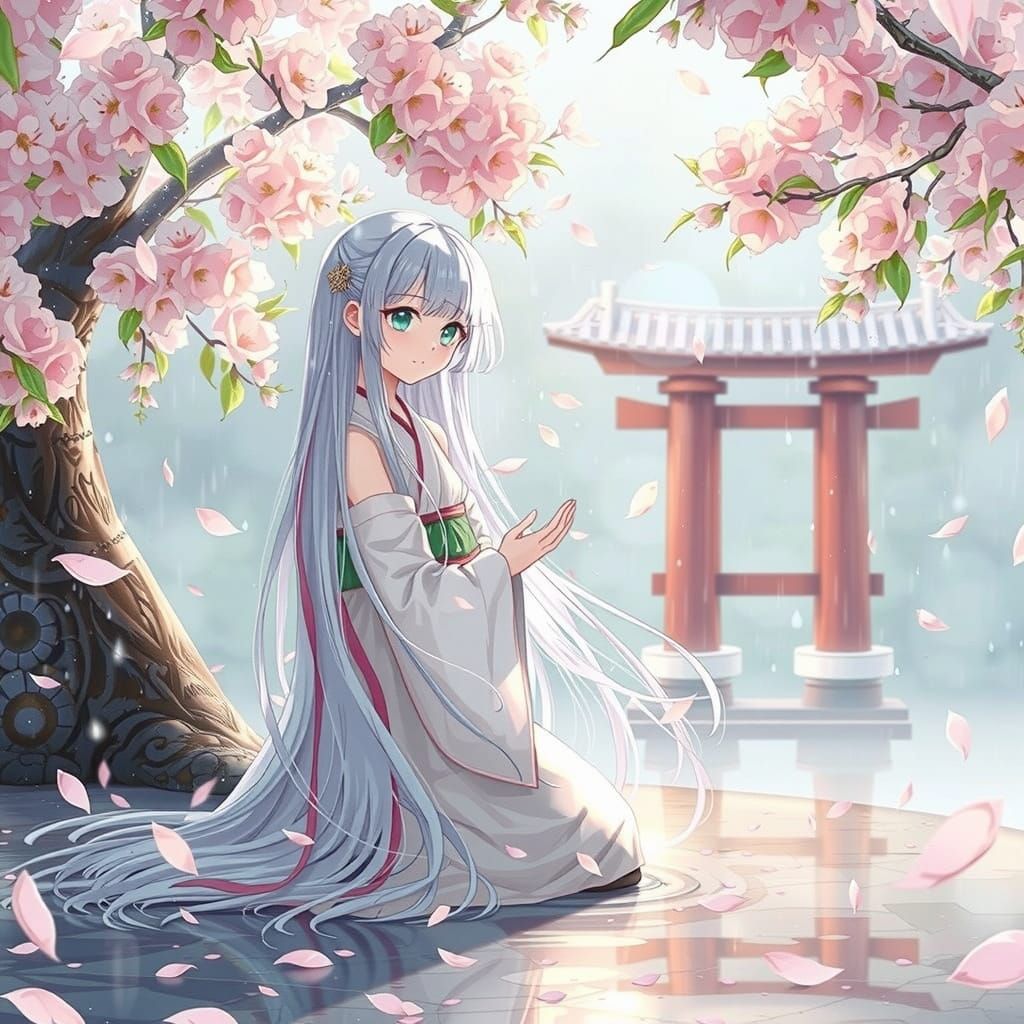 Anime Shrine Maiden in Rainy Cherry Blossom Garden