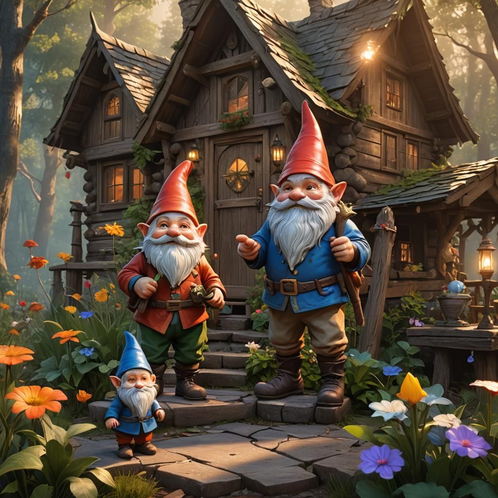 Enchanted Cabin Sunrise with Gnomes: Fantasy Concept Art