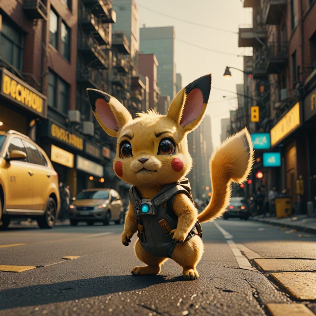 Pikachu in a Sci-Fi Cityscape