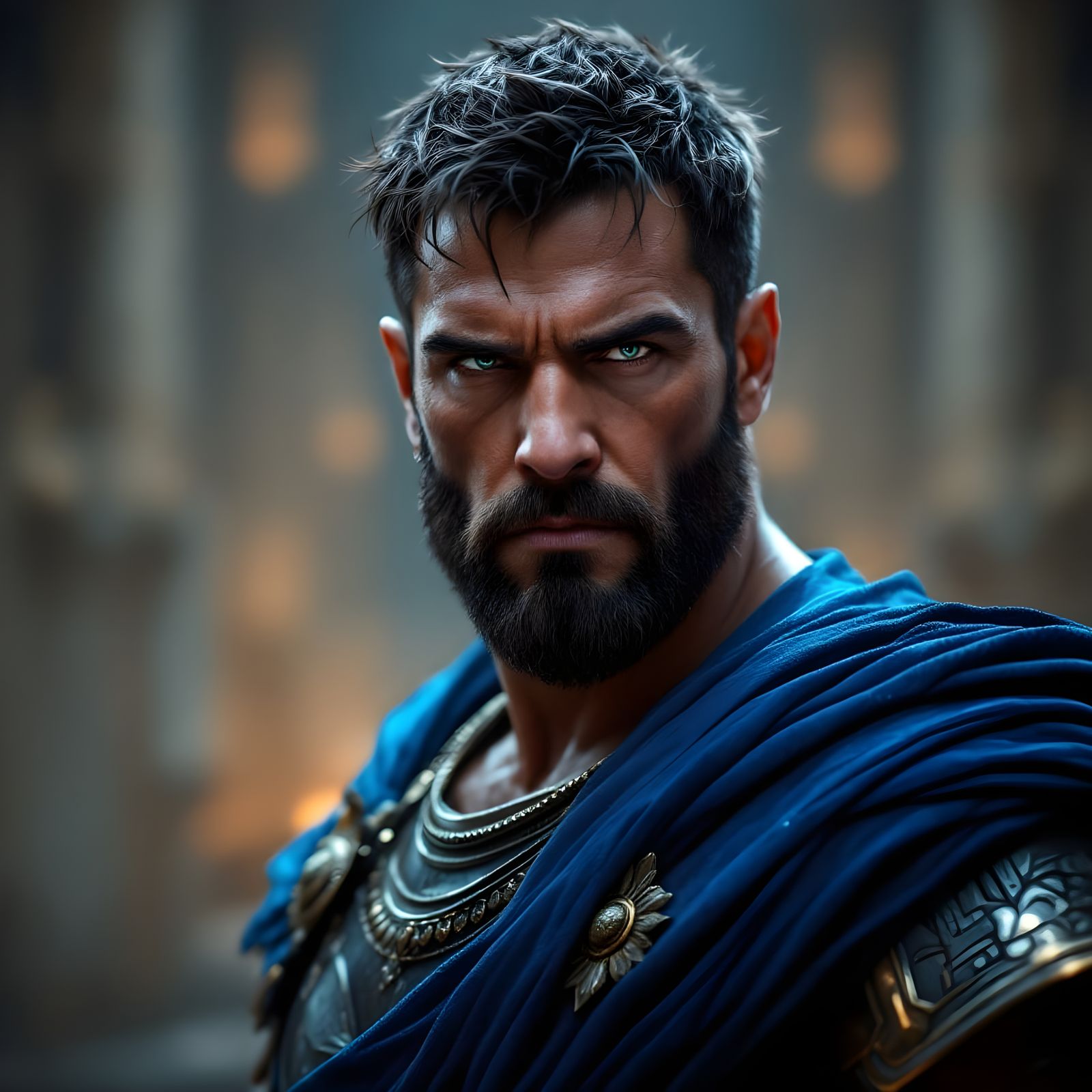 Stern Commander in Blue Armor, Ultra-Realistic 4K