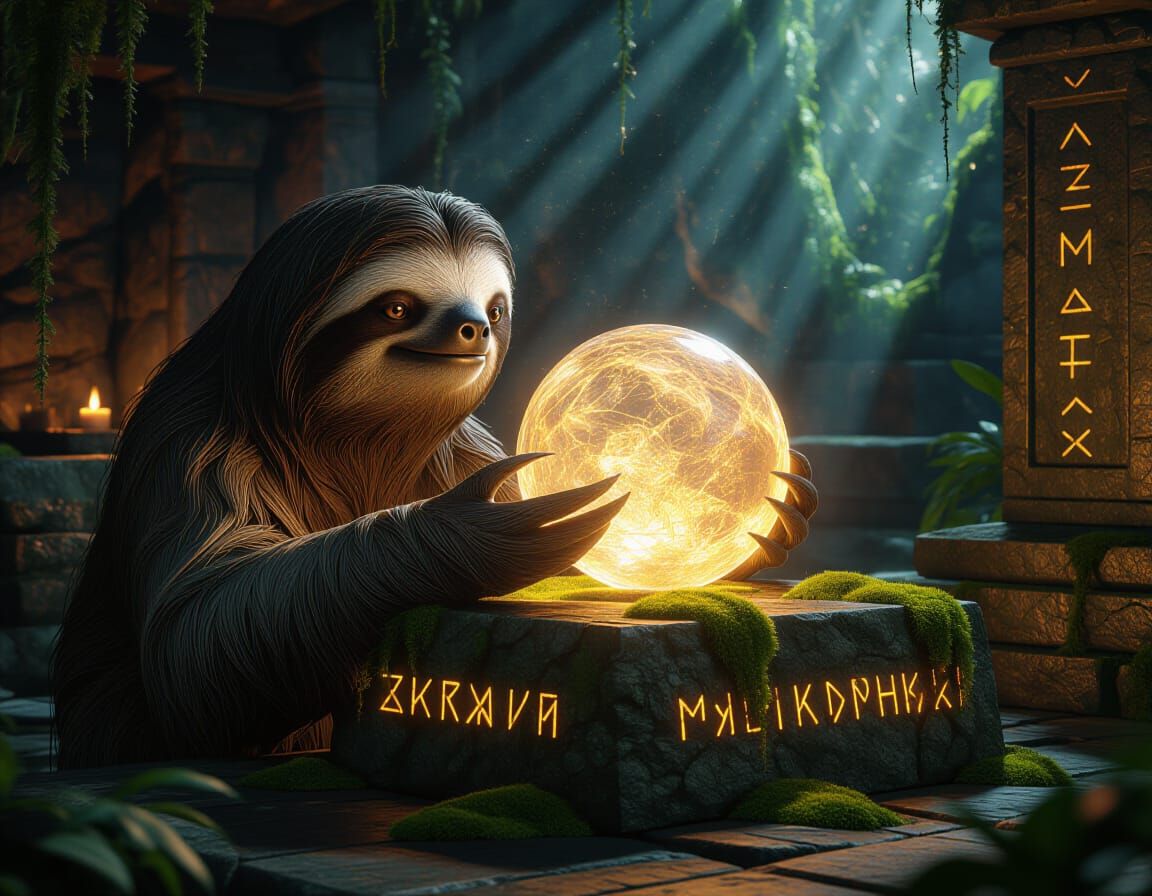 Mystical Sloth Seer Gazing into Crystal Orb
