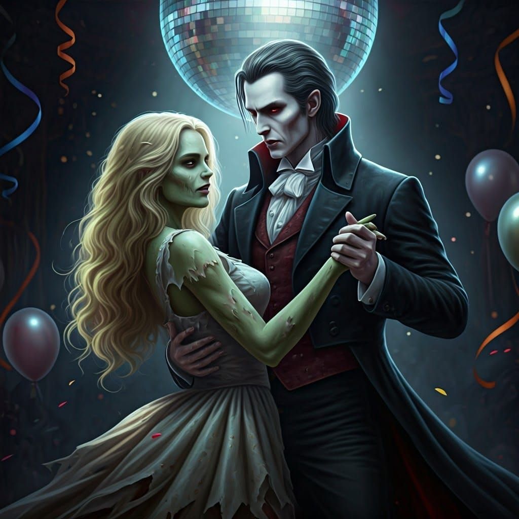 Vampire and Zombie Dance in Gothic Horror Scene