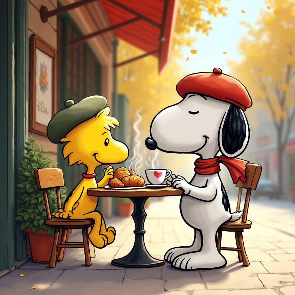 Snoopy and Woodstock Enjoy Paris Cafe Life