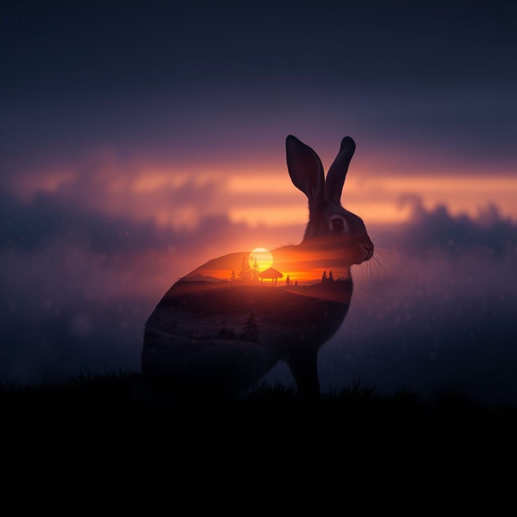 Ethereal Hare Amidst Snowstorm Sunset