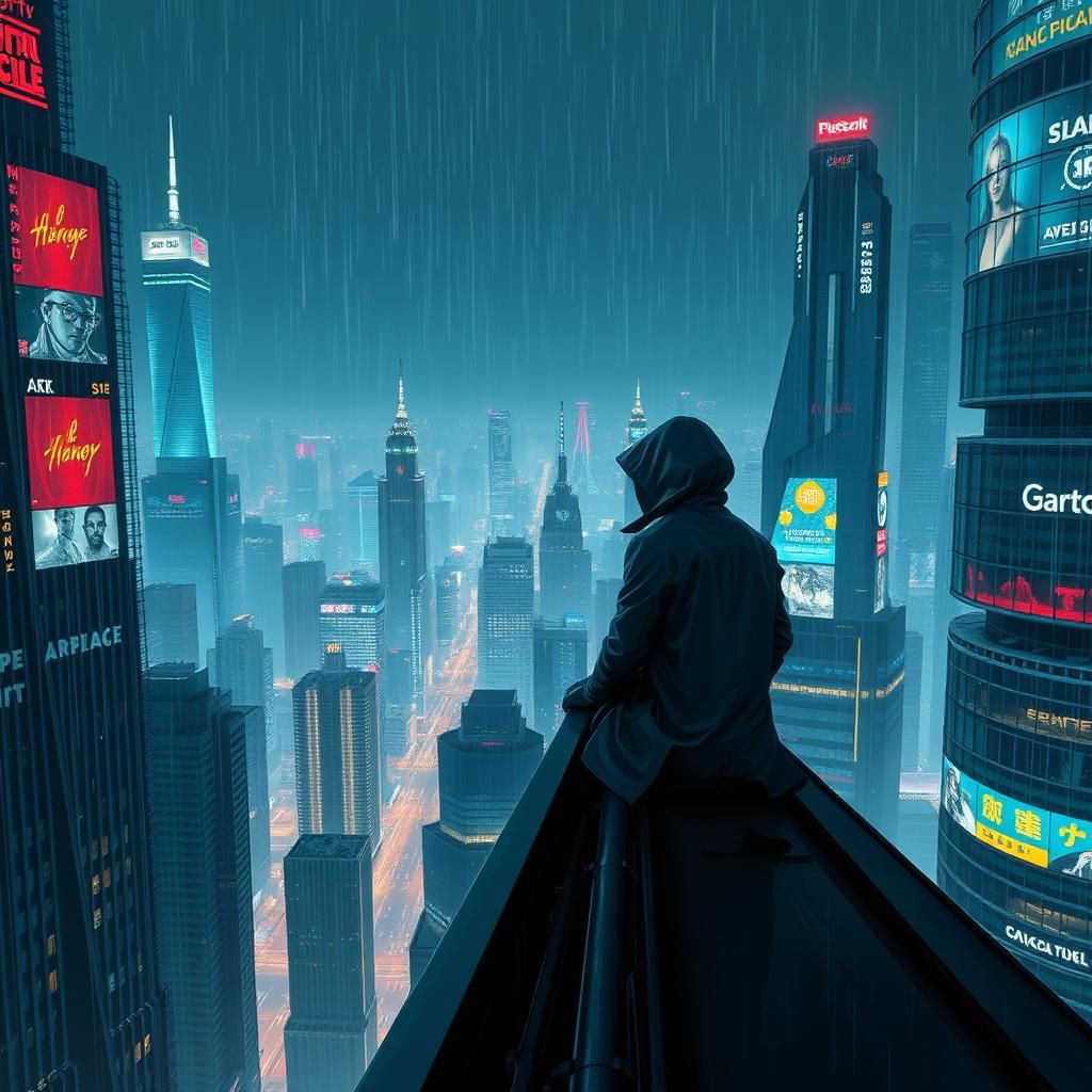 Cyberpunk Figure Gazing Over Rain-Soaked Cityscape