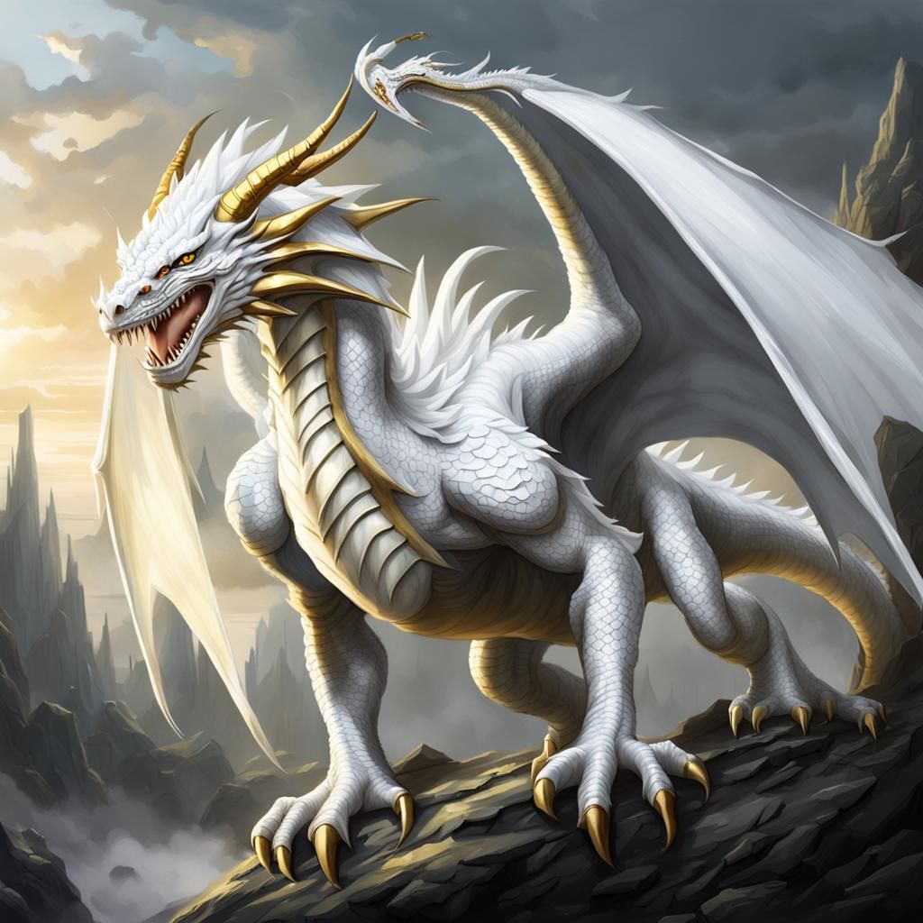 Majestic White Dragon with Golden Eyes