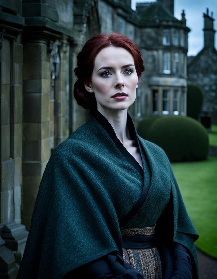 Scottish Woman in Arisaid at Manor Entrance