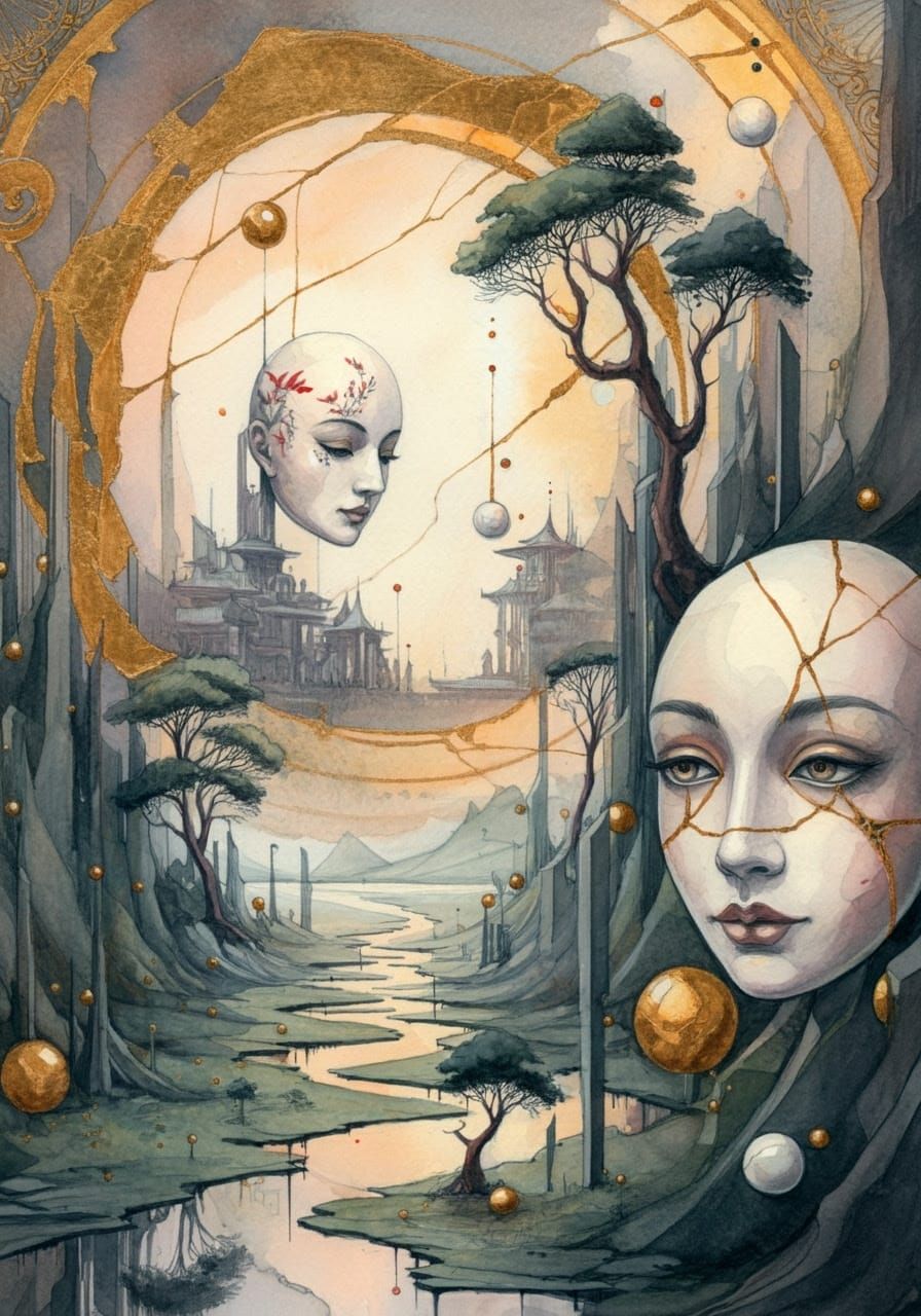 Ethereal Surrealist Masterpiece with Porcelain Faces and Gol...