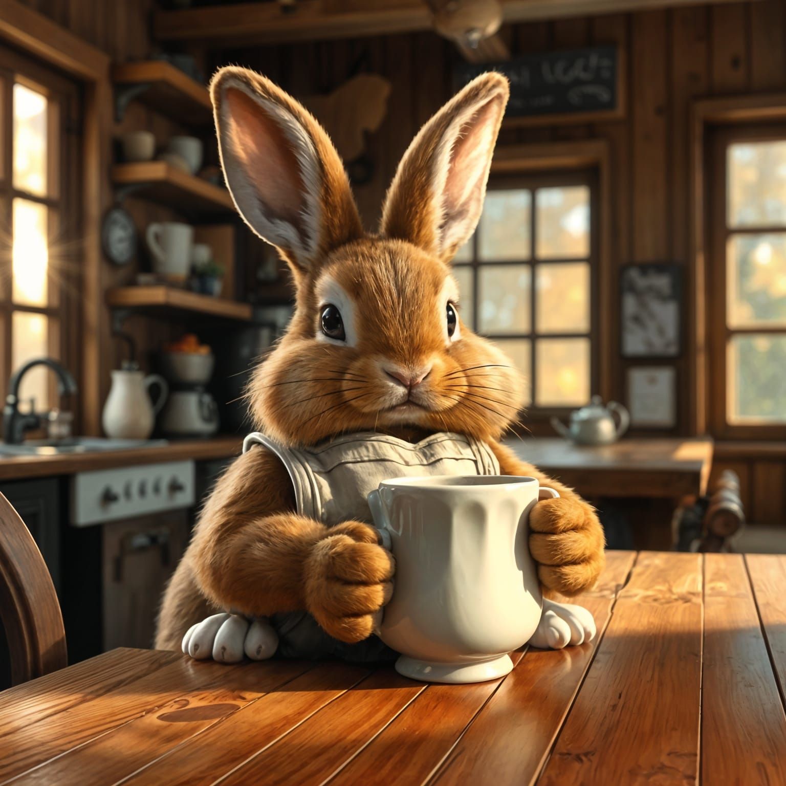 Brown Bunny Sips Coffee in Sunny Kitchen