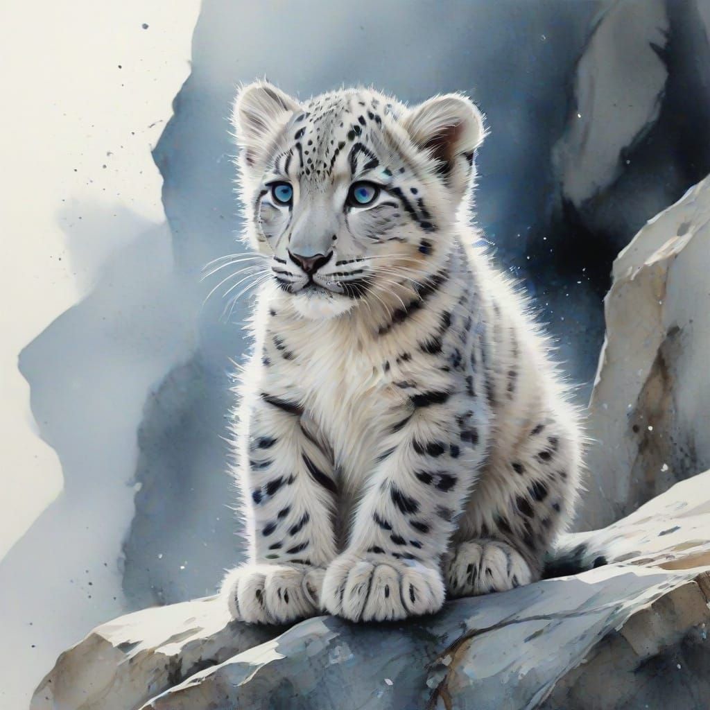 Snow Leopard Cub in Watercolour Style