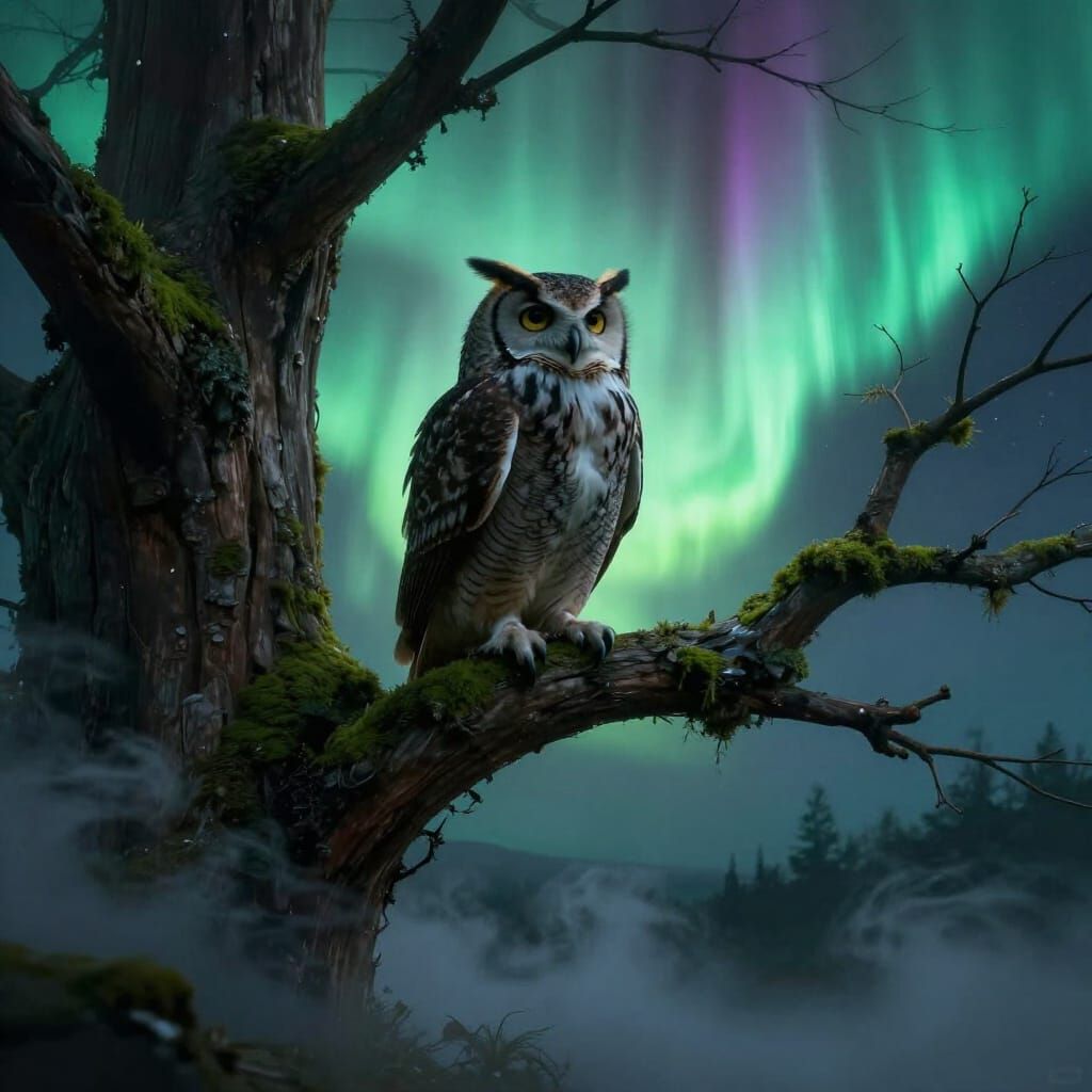 Majestic Owl Silhouetted Against Aurora Borealis in Fantasy ...