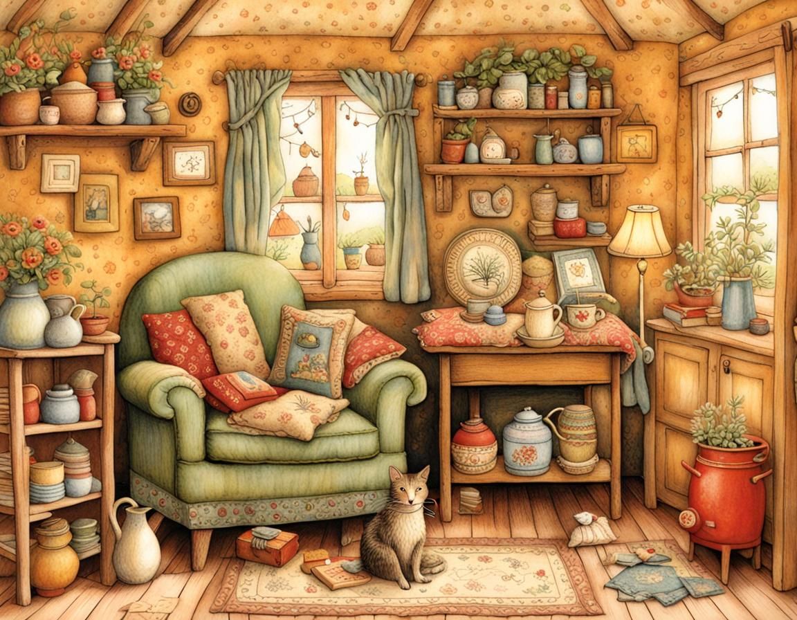 Whimsical Cottage Scene in Intricate Style