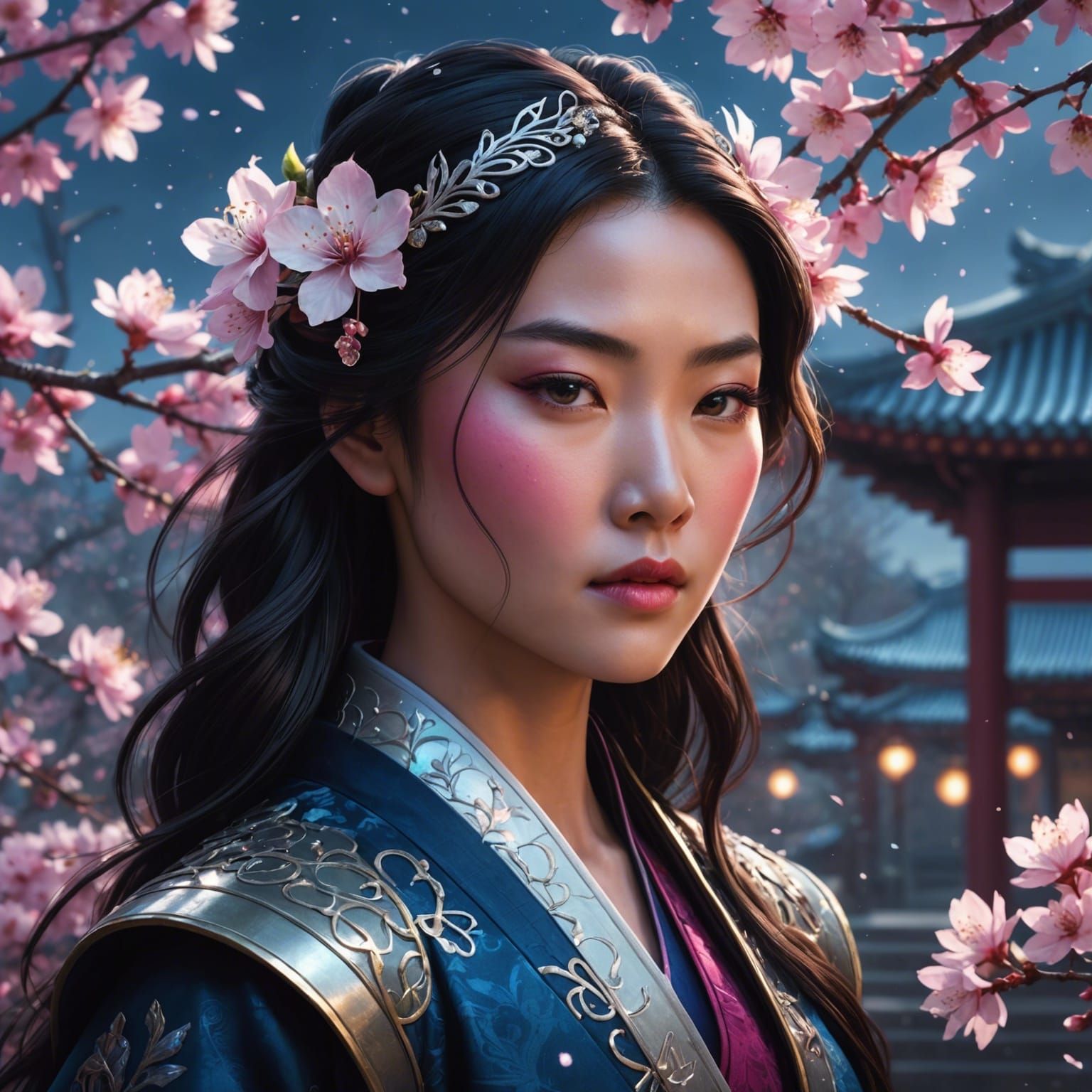 Mulan Portrait with Cherry Blossoms and Nebula