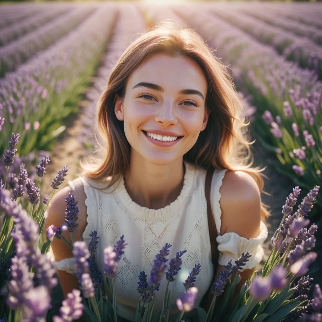 Girl Smiling in Lavender Field with Soft Focus