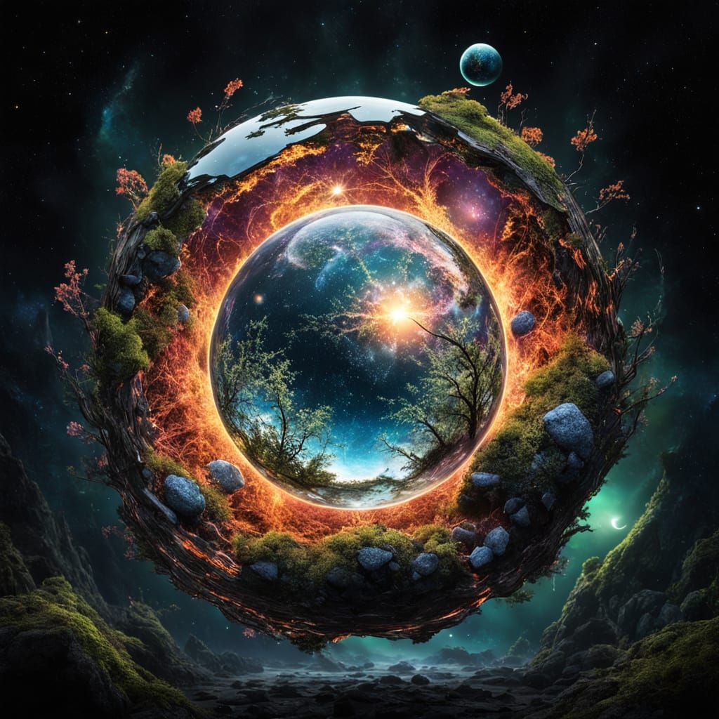 Glowing Glass Cube Planet in Enchanted Galaxy Forest