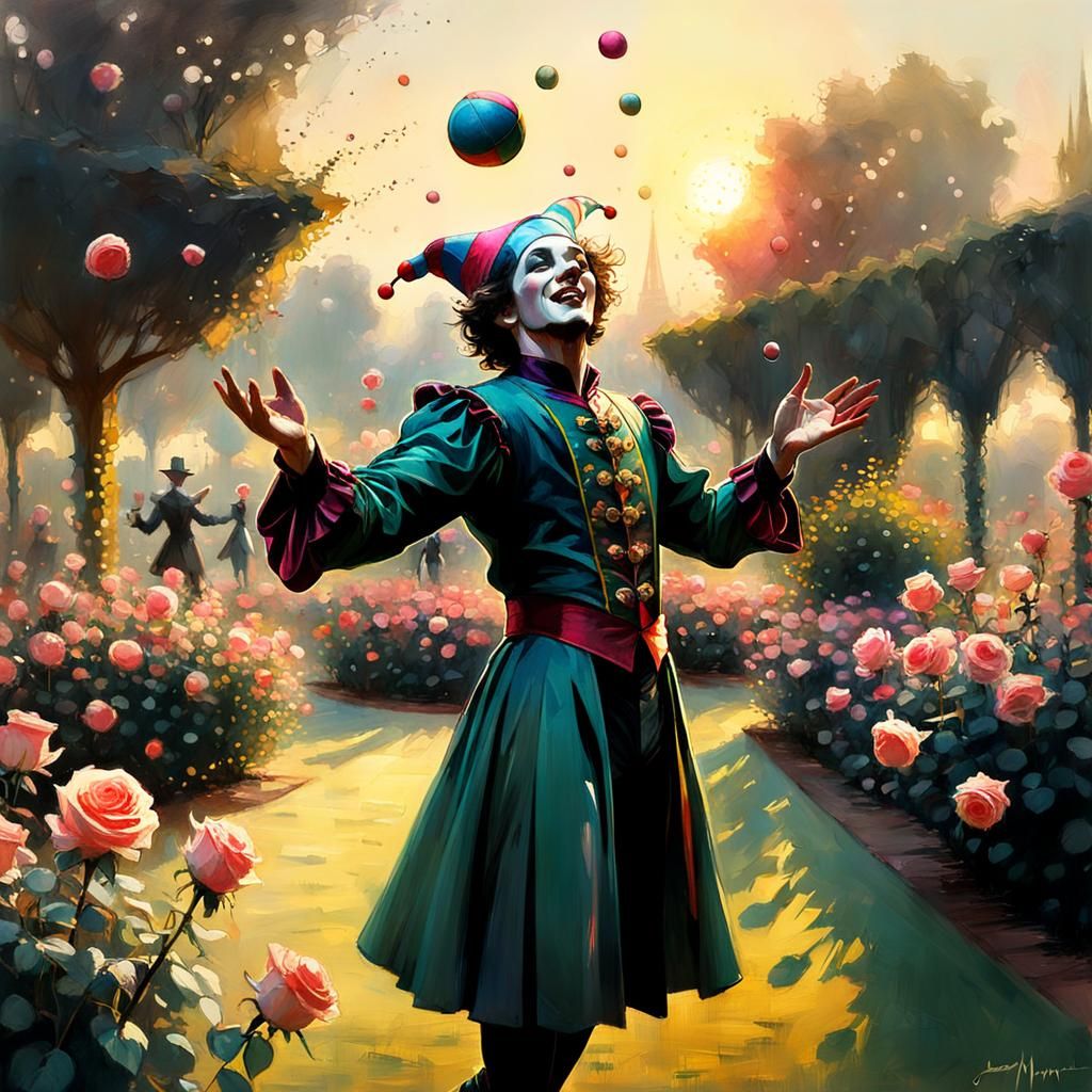 Joyful Jester Juggling in Surreal Rose Garden