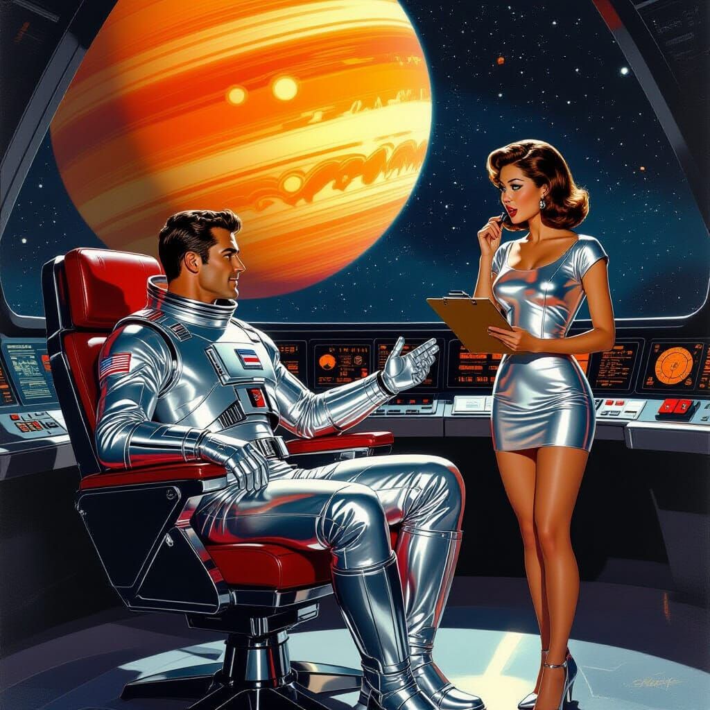 Starship Captain Pilots Towards Planet in Retro Sci-Fi Style