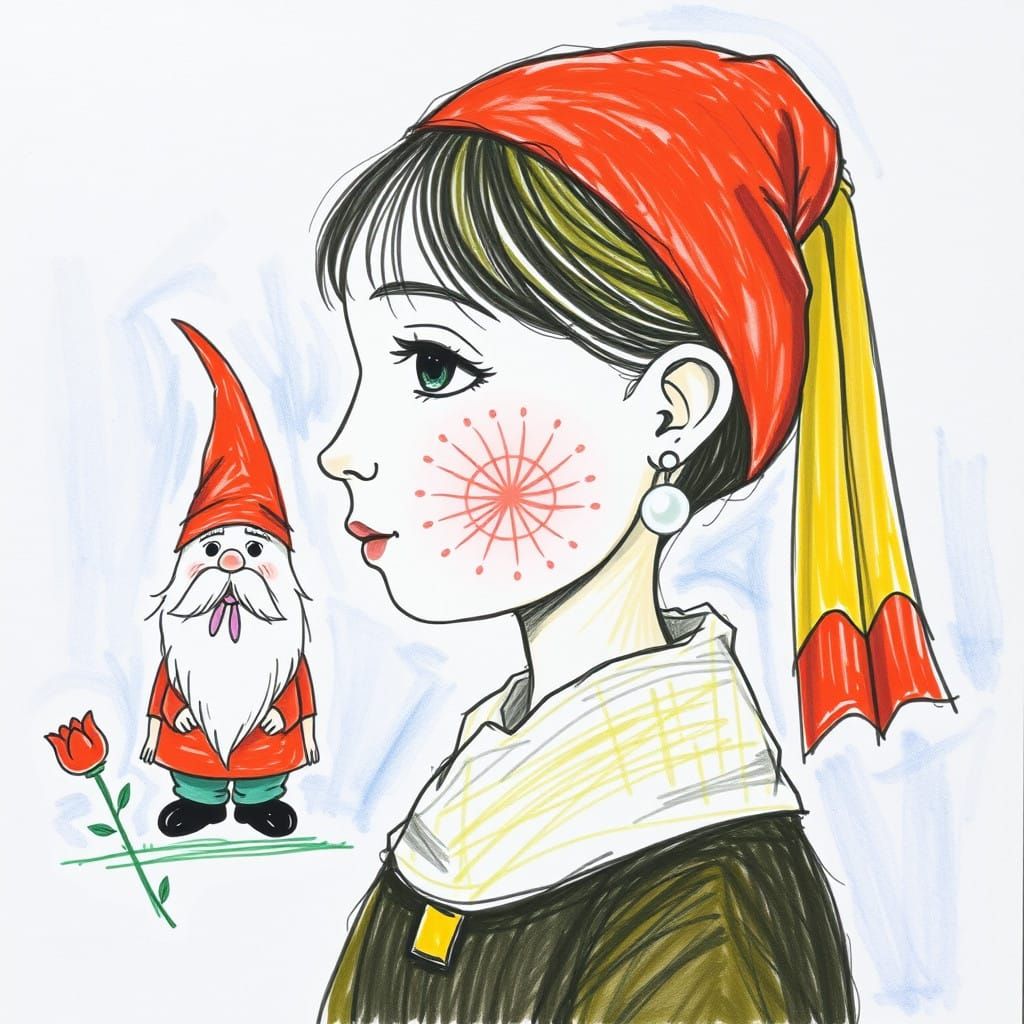 A Delicate Girl Surrounded by Whimsical Gnomes in Watercolor