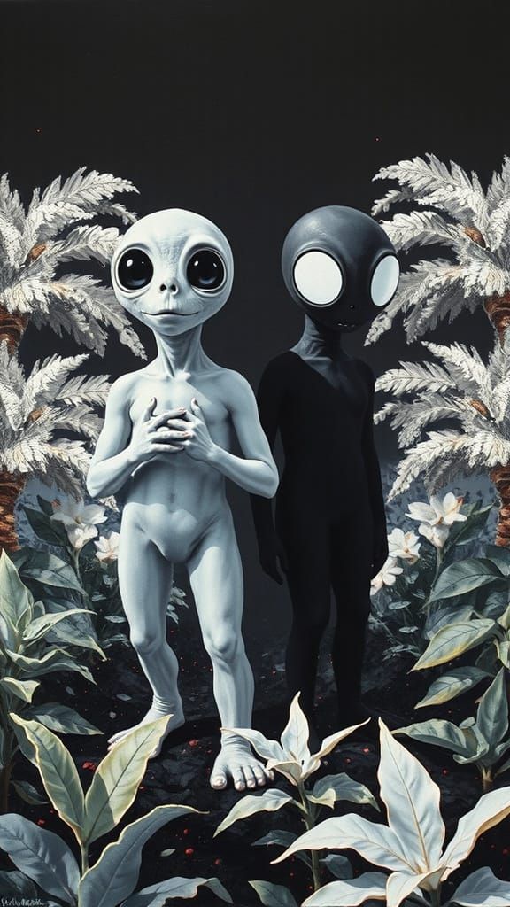 In a surreal, exotic landscape where all plants, trees, and animals are painted in stark black and white, speckled with ...