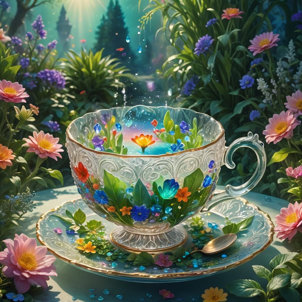 Lush Garden Inside Crystal Teacup: Fantasy Concept Art