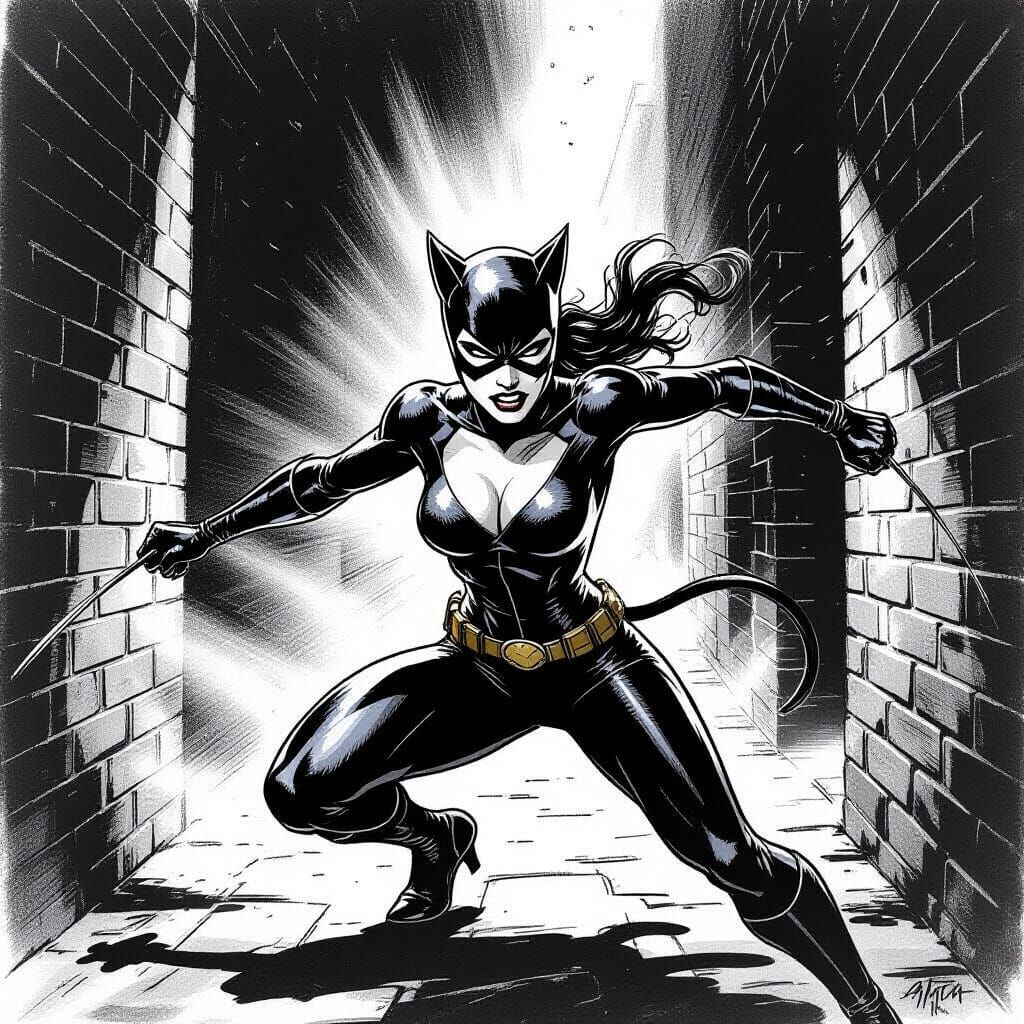 Catwoman Attacking in Dark Alley Ink Drawing