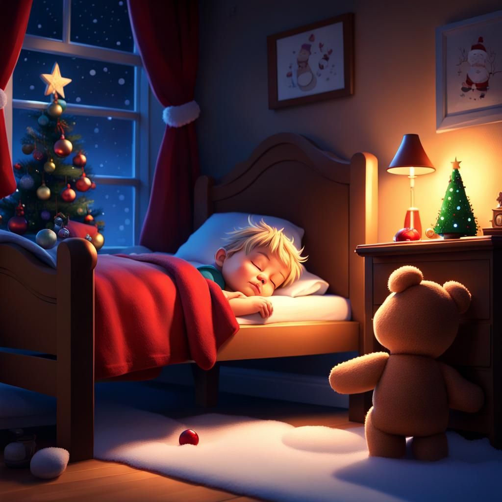 Toddler Sleeping, Santa Arriving: 3D Digital Art